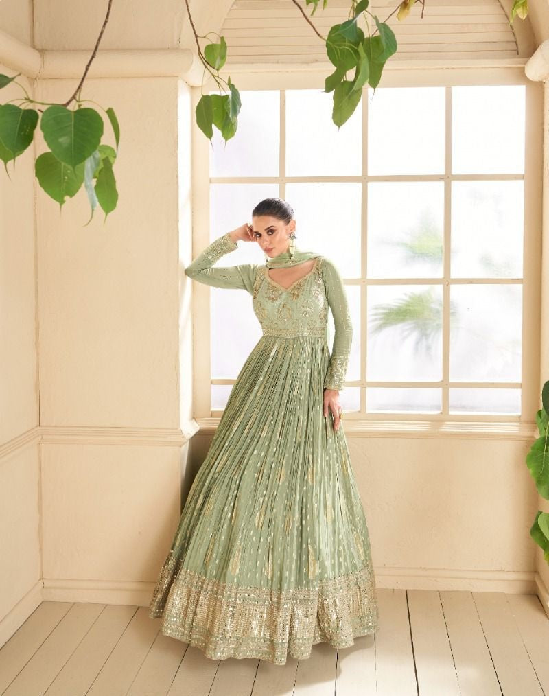 Real Georgette Pure Viscos Silk Anarkali Designer Gowns - Rent XXL / 7 Days / Green Real Georgette Pure Viscos Silk Anarkali Designer Gowns - Rent XXL / 7 Days / Green