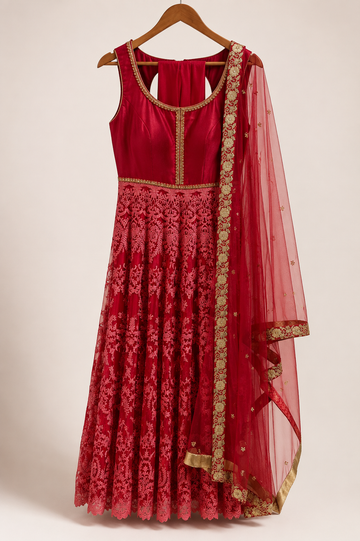 Red Partywear Anarkali for Wedding Guest - RENT