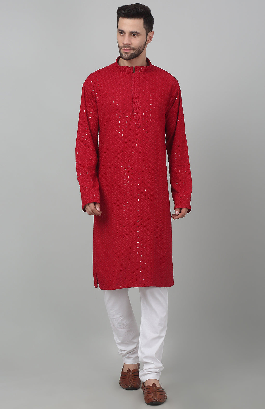 Red Checkered Thread Work Kurta Set - Rent