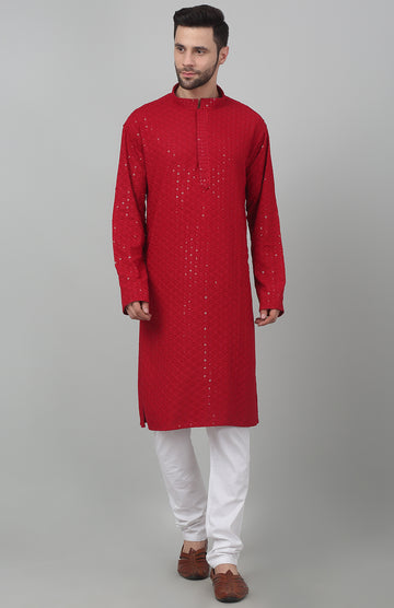 Red Checkered Thread Work Kurta Set - Rent