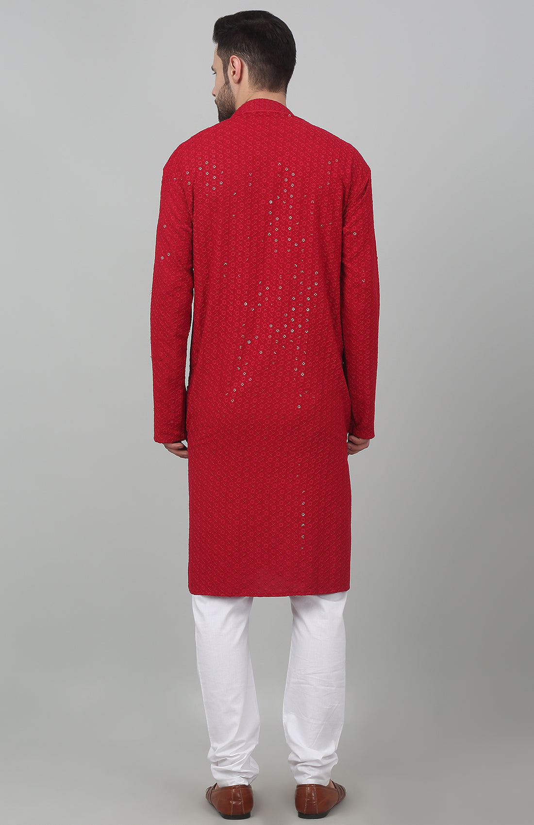 Red Checkered Thread Work Kurta Set - Rent
