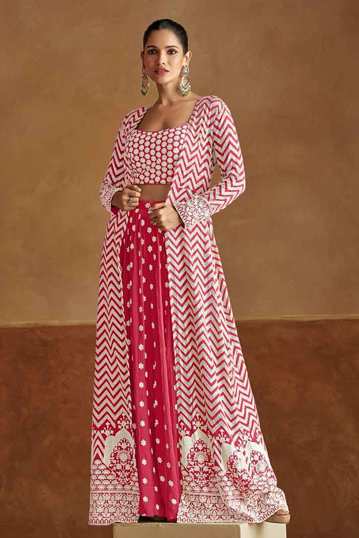 Red Chevron Print Embroidered Georgette Top Palazzo Dupatta Set