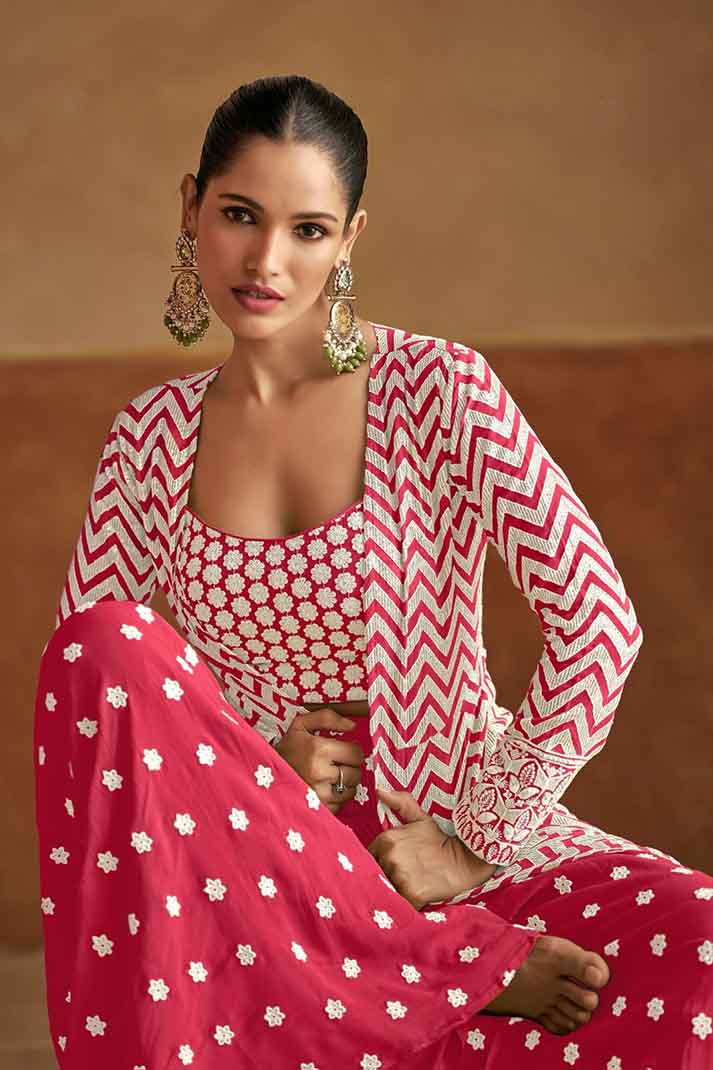 Red Chevron Print Embroidered Georgette Top Palazzo Dupatta Set