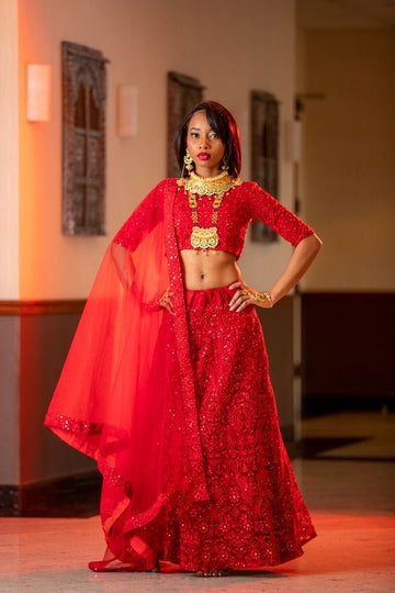 Red Embroidered Net Lehenga Choli - Rent