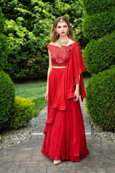Red Georgette Lehenga and Ruffle Dupatta for Rent 15 Days / L / Red