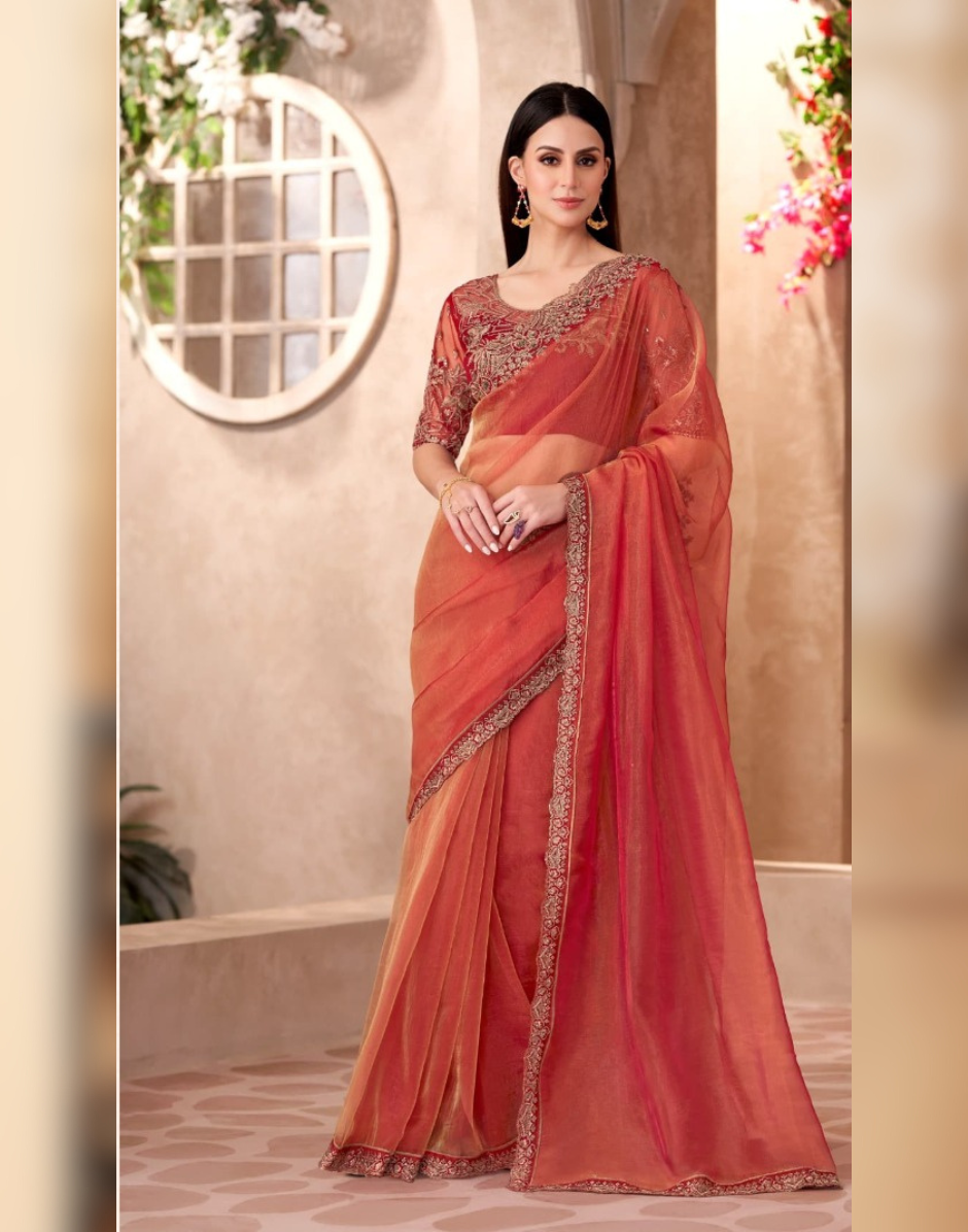 Red Golden Sparkle Tissue Saree with Linen Work Blouse Glamorous Festive Look - Buy_1