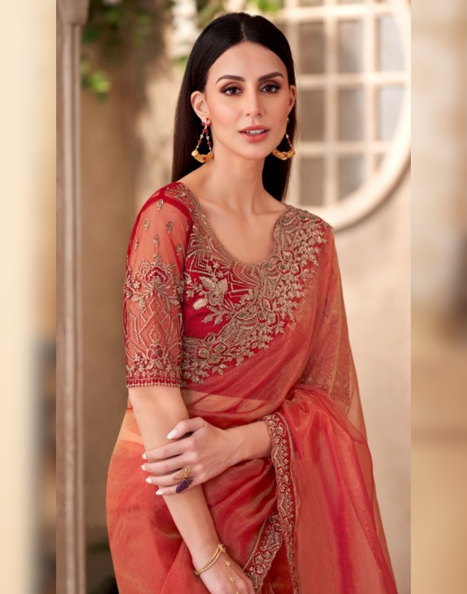 Red Golden Sparkle Tissue Saree with Linen Work Blouse Glamorous Festive Look - Buy_1