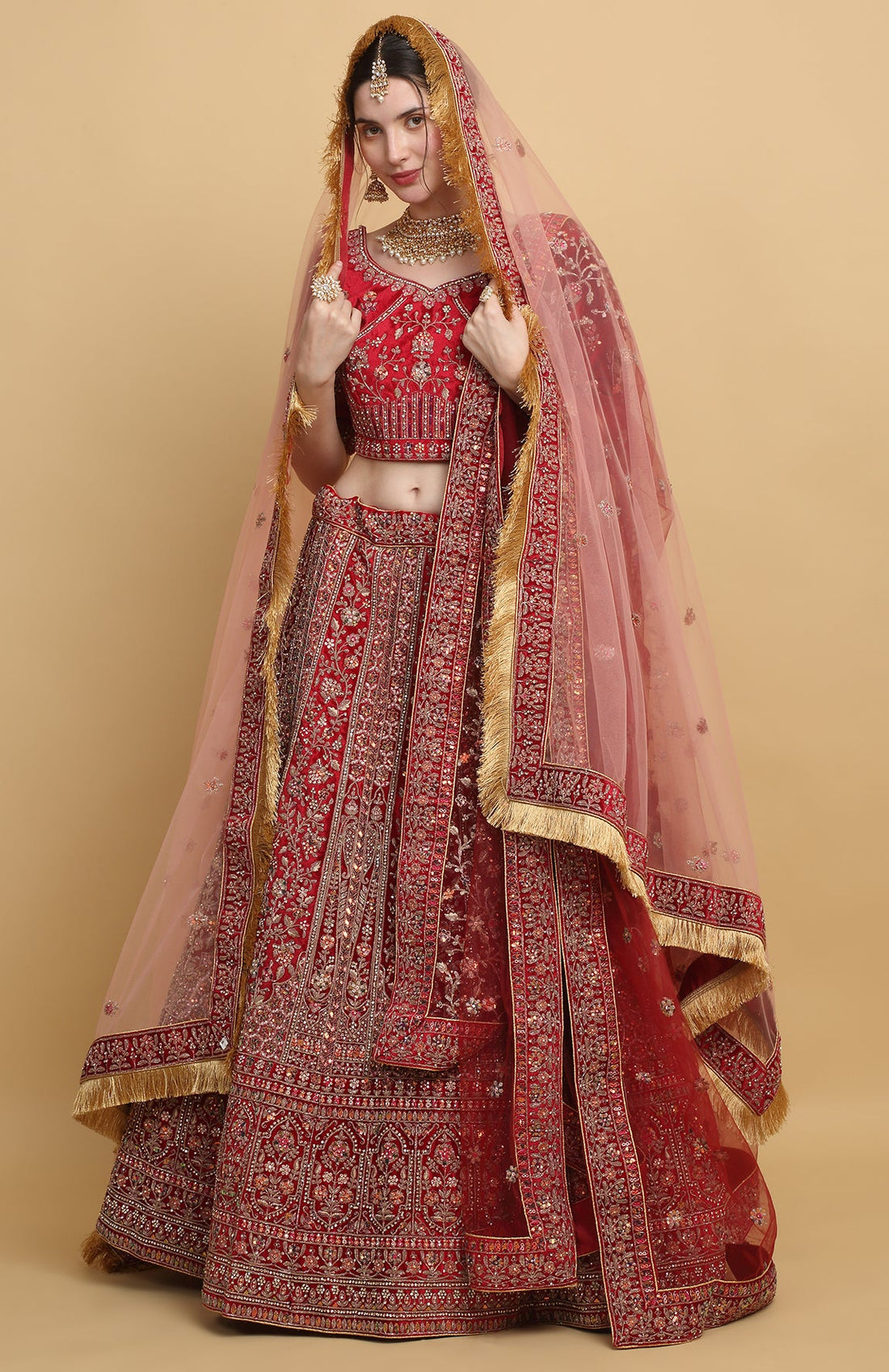 Red Lehenga And Blouse Cotton Velvet  Bridal Set - Rent