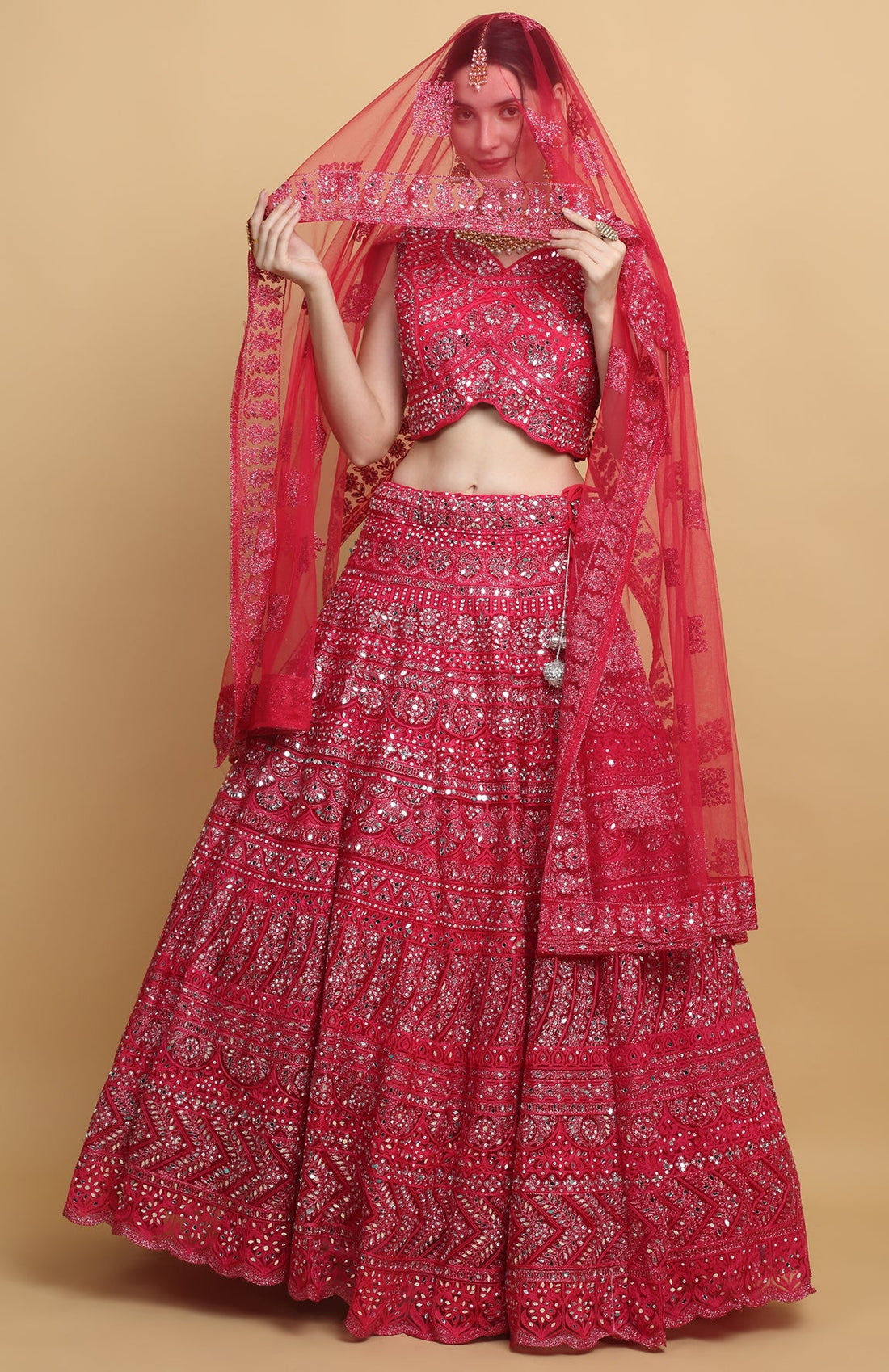 Red Net Embroidered Floral Sweetheart Divyaswarna Bridal Lehenga Set - Rent