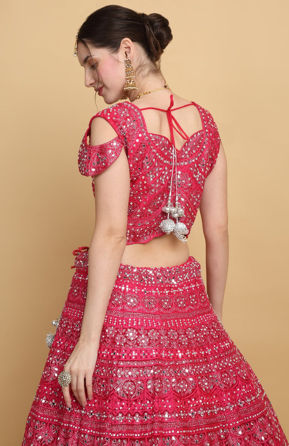 Red Net Embroidered Floral Sweetheart Divyaswarna Bridal Lehenga Set - Rent