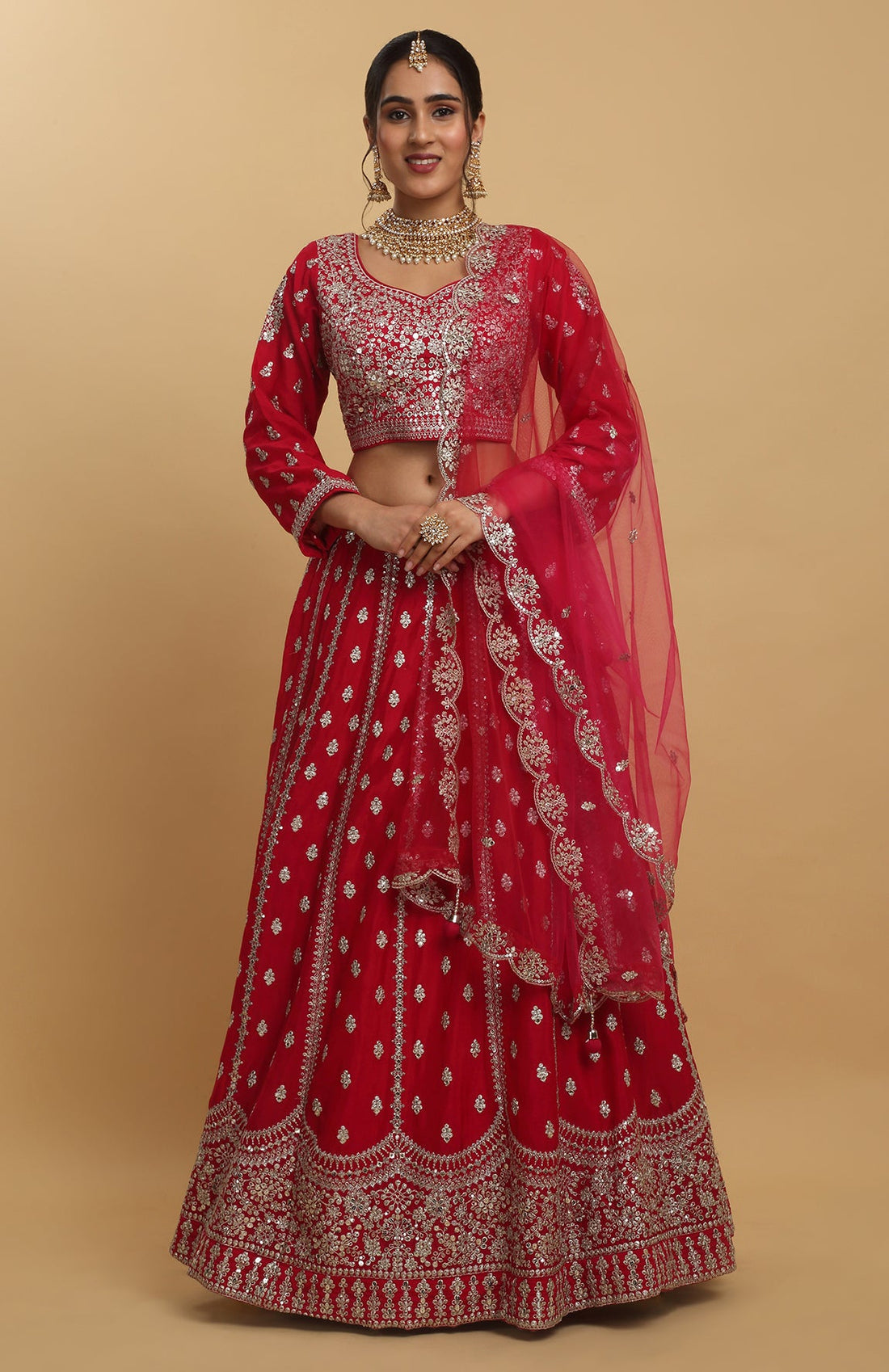 Red Net Embroidered Sequin And Zari Work Leaf Humsa Embroidered Lehenga Set - Rent