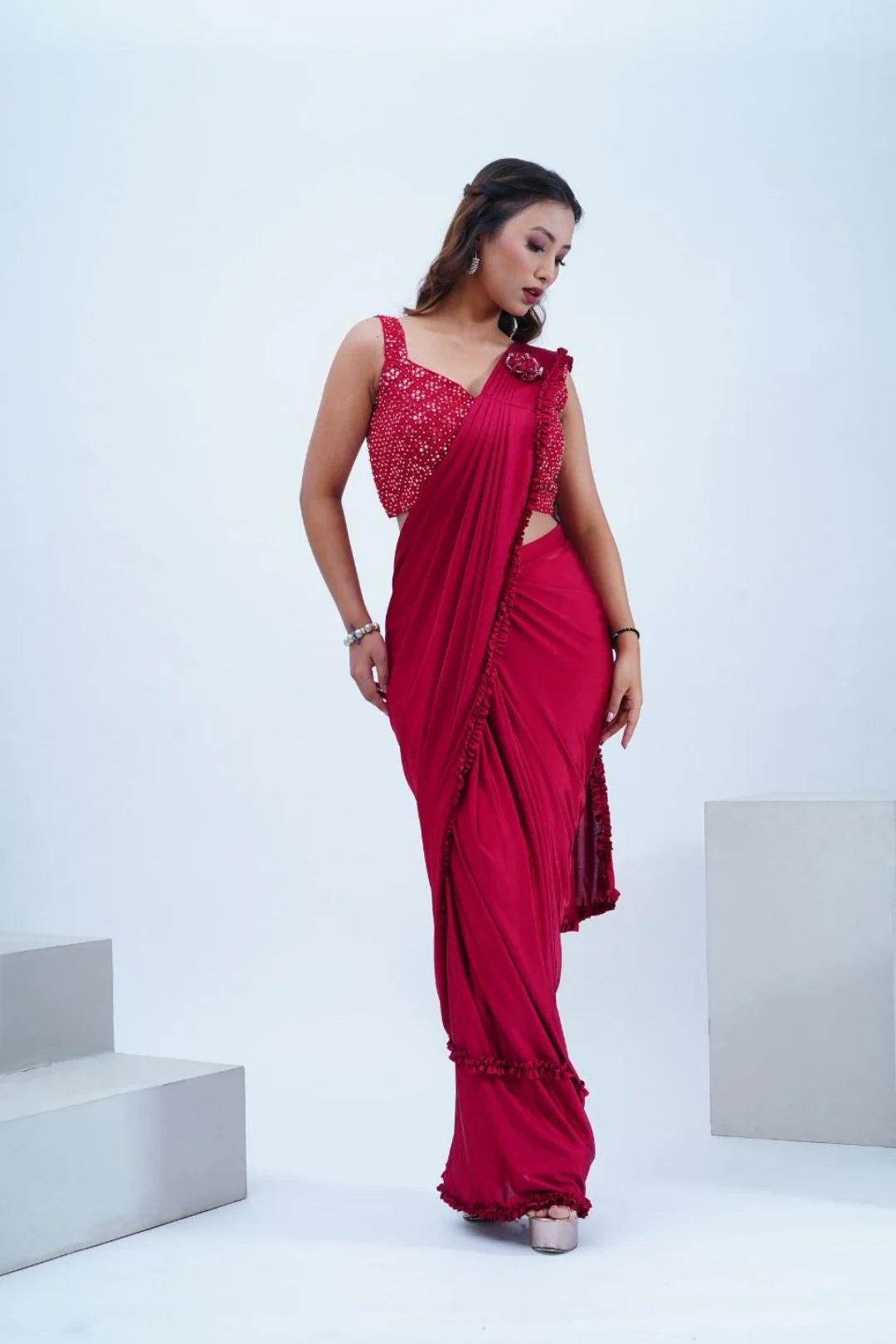 Red Satin Lycra Draped Saree With Mirror Work Blouse - Rent