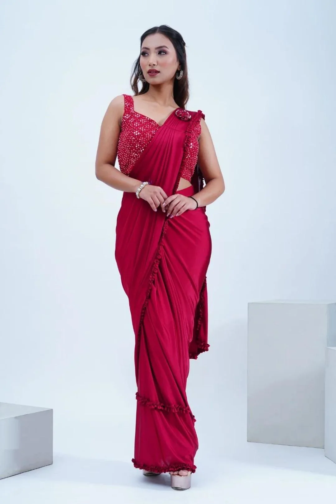 Red Satin Lycra Draped Saree With Mirror Work Blouse - Rent