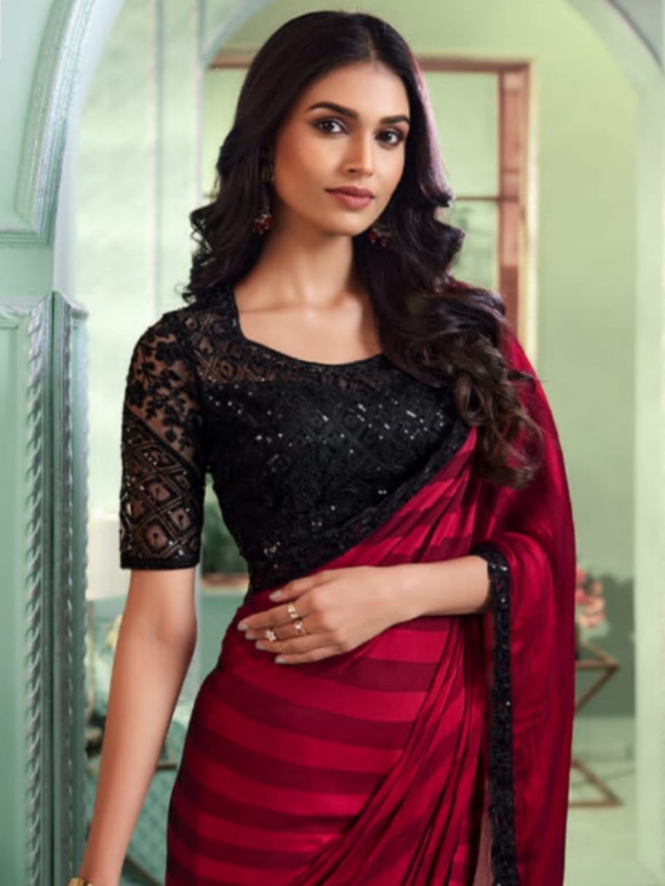 Red Satin Silk Saree - Rent