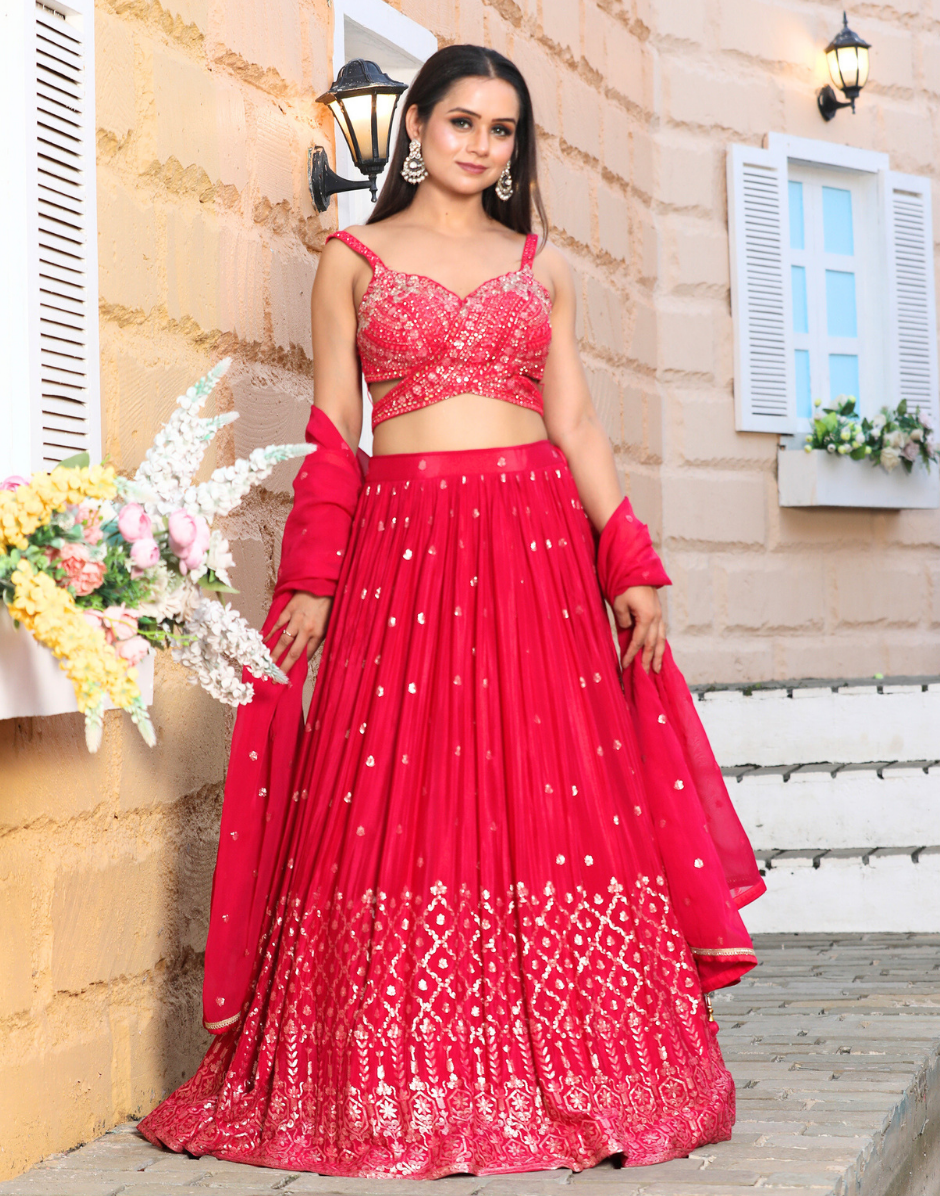 Red Sequin Embroidered Lehenga Set with Blouse & Dupatta Bridal & Festive Wear