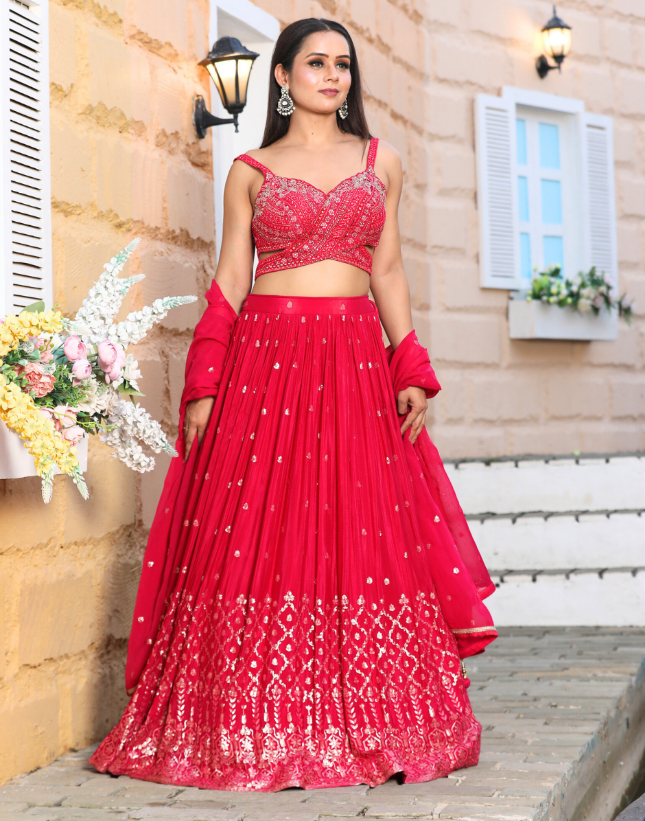 Red Sequin Embroidered Lehenga Set with Blouse & Dupatta Bridal & Festive Wear_1