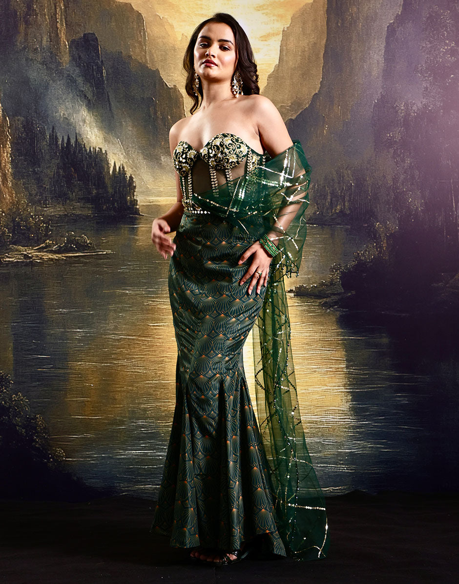 Regal Allure Emerald Green Embellished Corset Gown and French Crepe with Tasselled Hand Embroidered Veil Dark Green / M / 3 Days