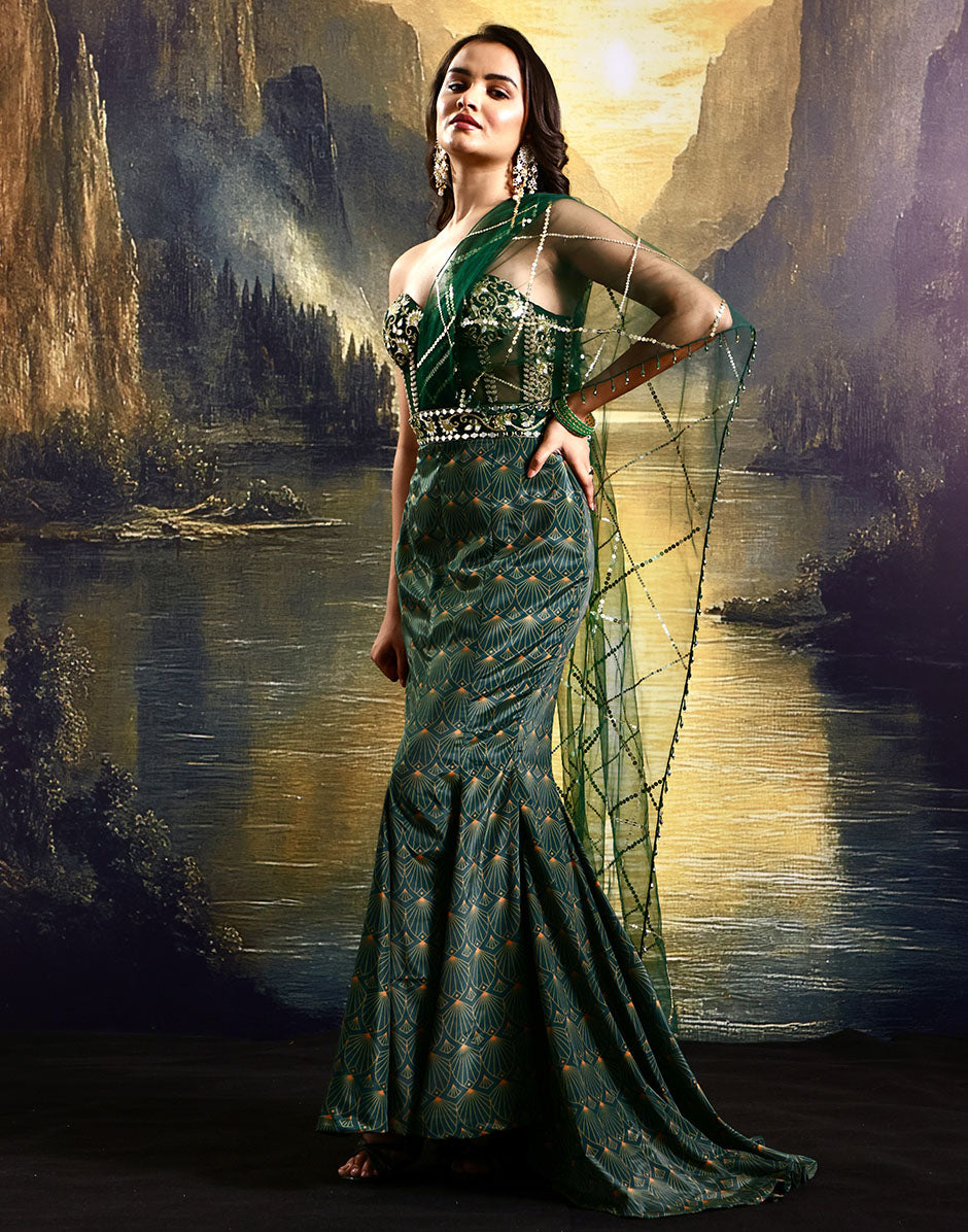 Regal Allure Emerald Green Embellished Corset Gown and French Crepe with Tasselled Hand Embroidered Veil Dark Green / M / 3 Days Regal Allure Emerald Green Embellished Corset Gown and French Crepe with Tasselled Hand Embroidered Veil Dark Green / M / 3 Days
