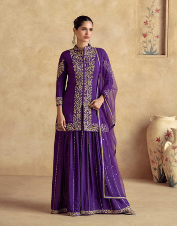 Regal Allure Purple Sequin Embroidered Front Slit Kurta Palazzo Set with Dupatta