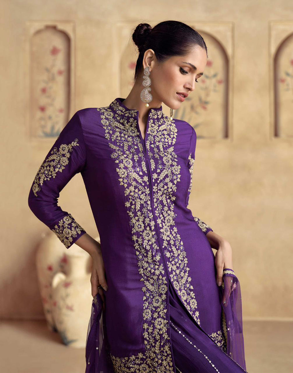 Regal Allure Purple Sequin Embroidered Front Slit Kurta Palazzo Set wi