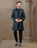 Regal Black Jacquard Silk Men’s Kurta Set Floral Print Jacket & Pants