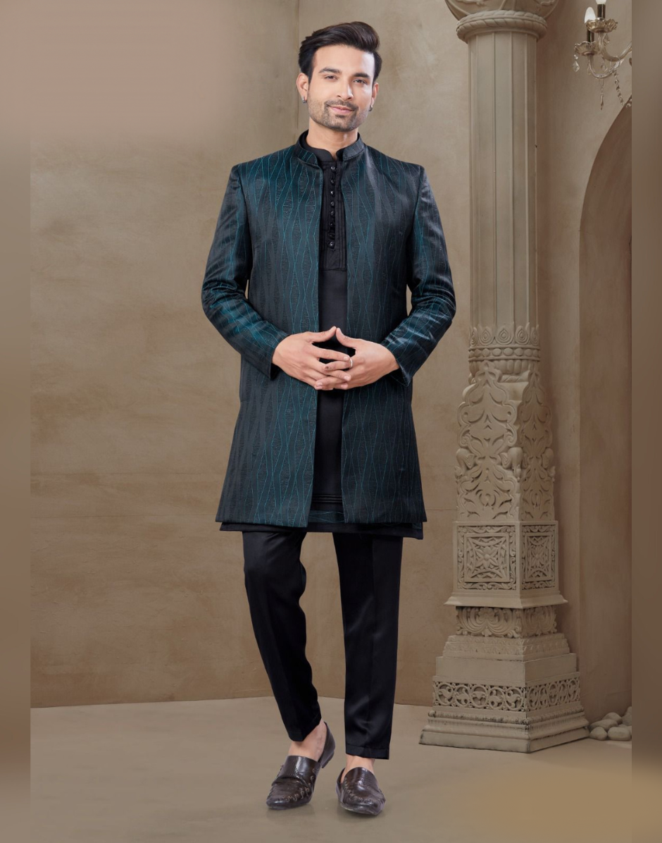 Regal Black Jacquard Silk Men’s Kurta Set Floral Print Jacket & Pants