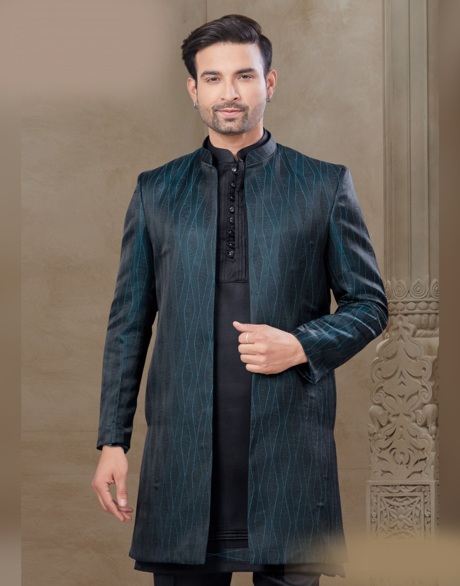 Regal Black Jacquard Silk Men’s Kurta Set Floral Print Jacket & Pants_1