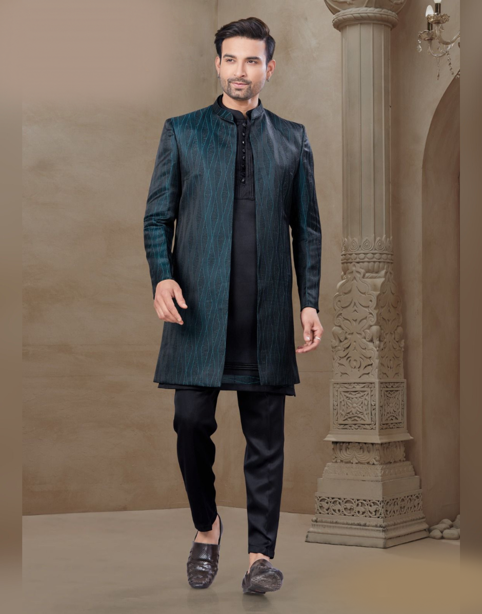 Regal Black Jacquard Silk Men’s Kurta Set Floral Print Jacket & Pants_2