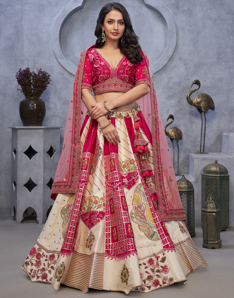 Regal Elegance Red and White Raw Silk Masterpiece Lehenga with Paisley Motifs and Sheer Pink Dupatta