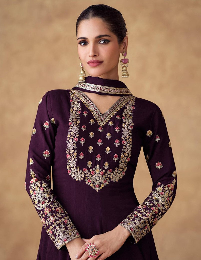 Regal Elegance: Wine Embroidered Chinon Silk Top, Palazzo & Dupatta Set_2