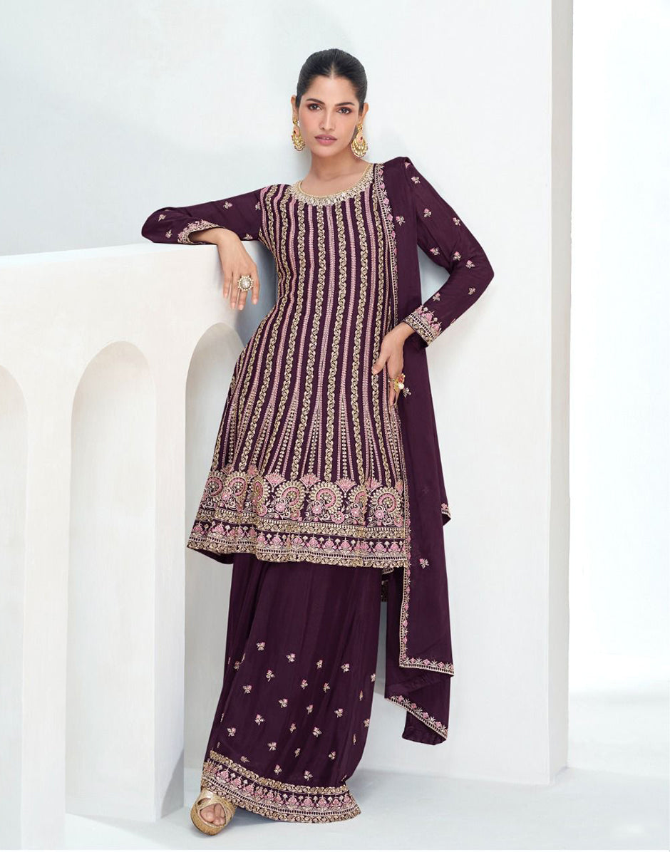 Regal Elegance: Wine Embroidered Chinon Silk Top, Palazzo & Dupatta Set_2