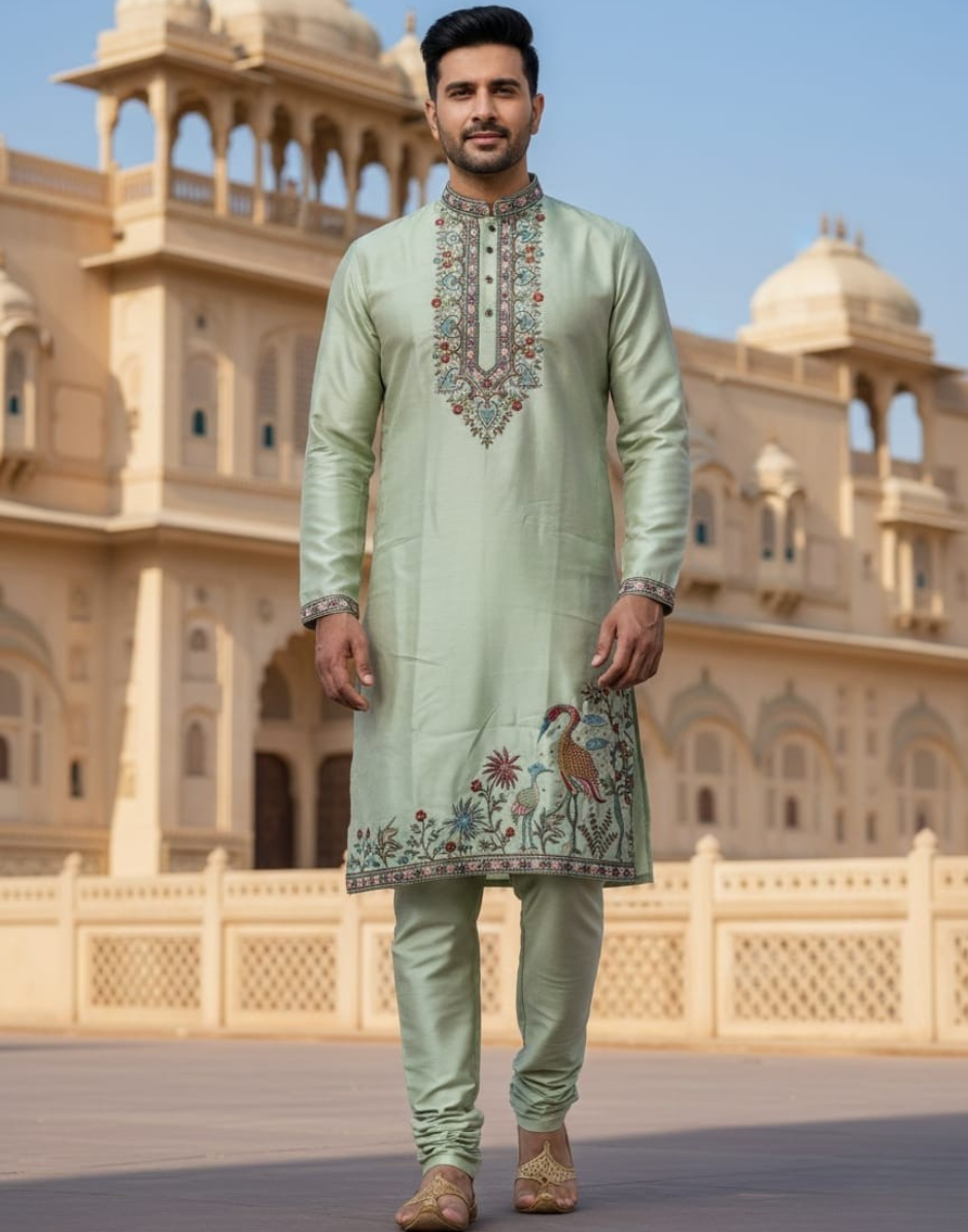 Regal Multicolor Embroidery Kurta Set in Premium Soft Silk - Buy