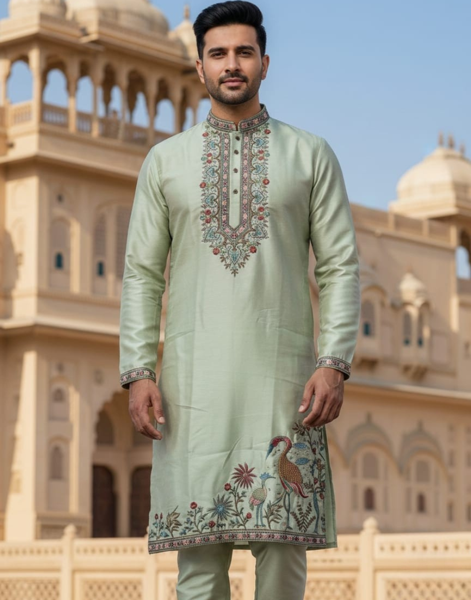Regal Multicolor Embroidery Kurta Set in Premium Soft Silk - Buy
