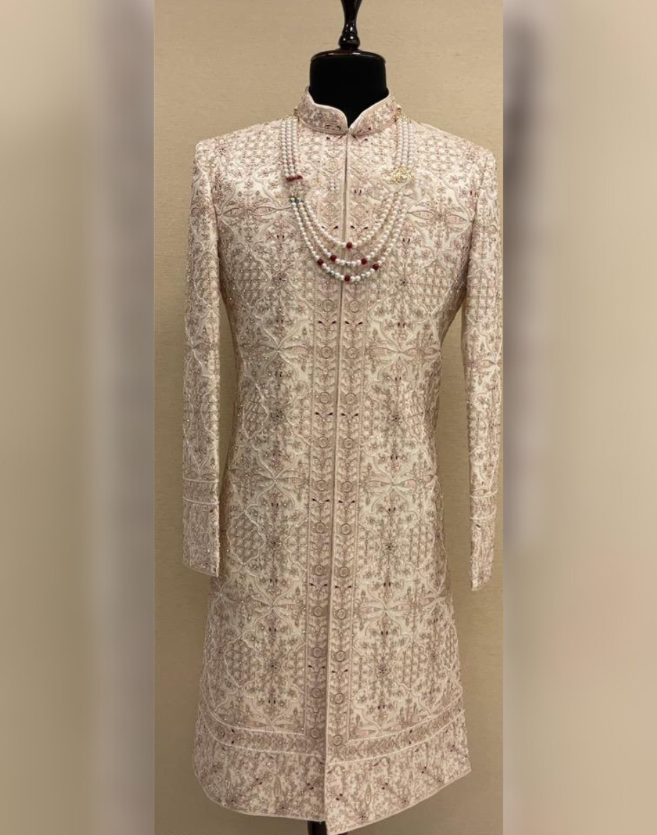 Regal Peach Embroidered Sherwani Set Perfect for Wedding & Groom Wear