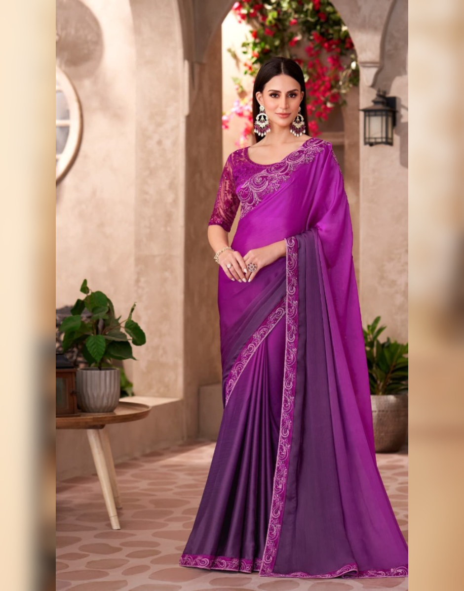 Regal Purple Majestic Shaded Saree with Satin Work Blouse for Women - Buy
