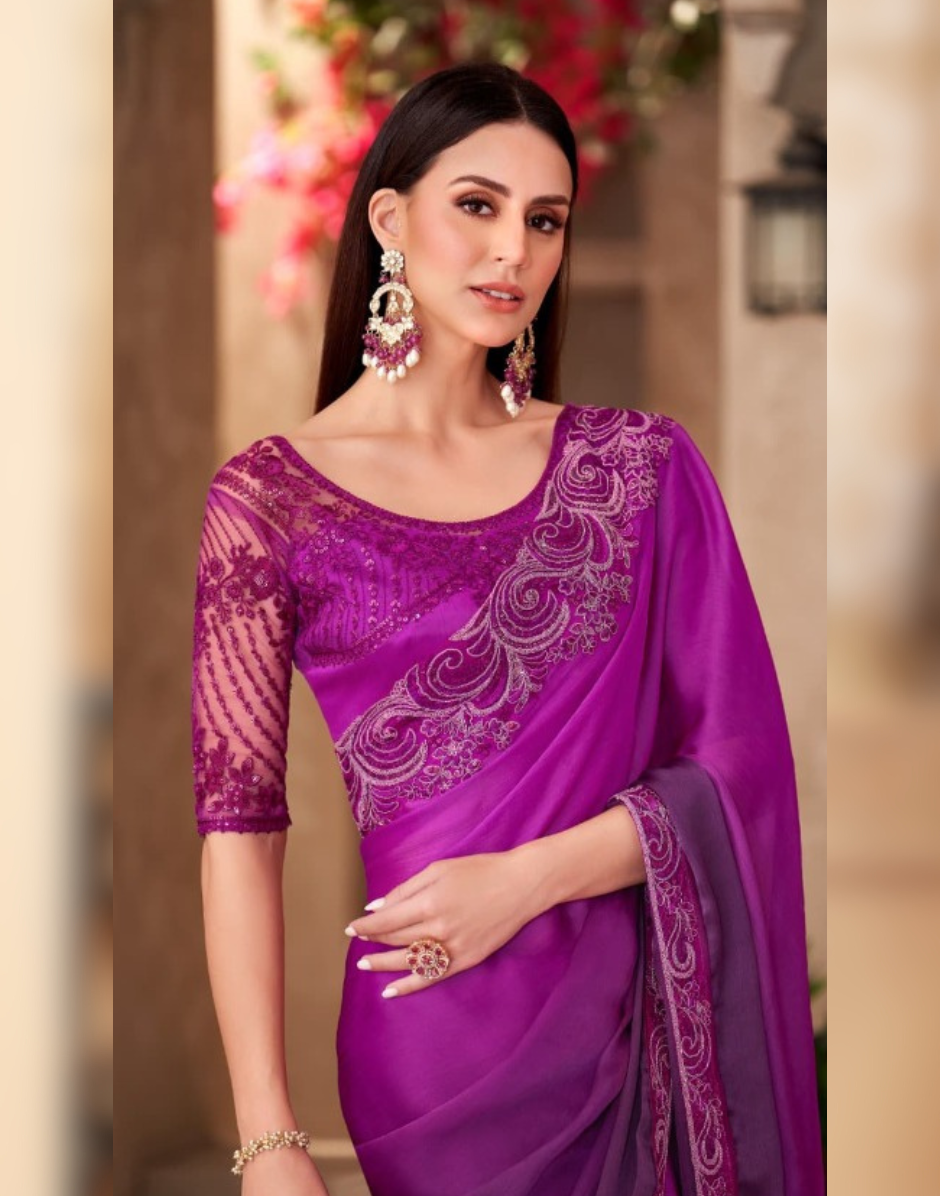 Regal Purple Majestic Shaded Saree with Satin Work Blouse for Women - Buy