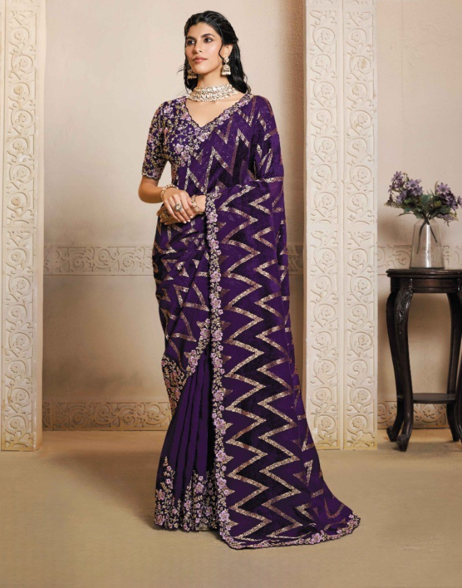 Regal Purple Velvet Jacquard Silk Saree with Intricate Thread Embroidery & Stone Work with Satin Silk Blouse - Buy