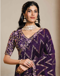 Regal Purple Velvet Jacquard Silk Saree with Intricate Thread Embroidery & Stone Work with Satin Silk Blouse - Buy_1