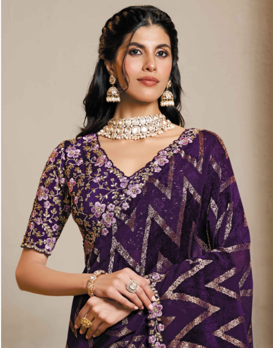Regal Purple Velvet Jacquard Silk Saree with Intricate Thread Embroidery & Stone Work with Satin Silk Blouse - Buy_1