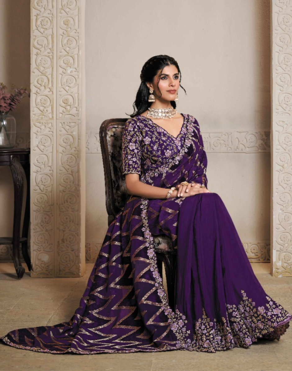 Regal Purple Velvet Jacquard Silk Saree with Intricate Thread Embroidery & Stone Work with Satin Silk Blouse - Buy_2