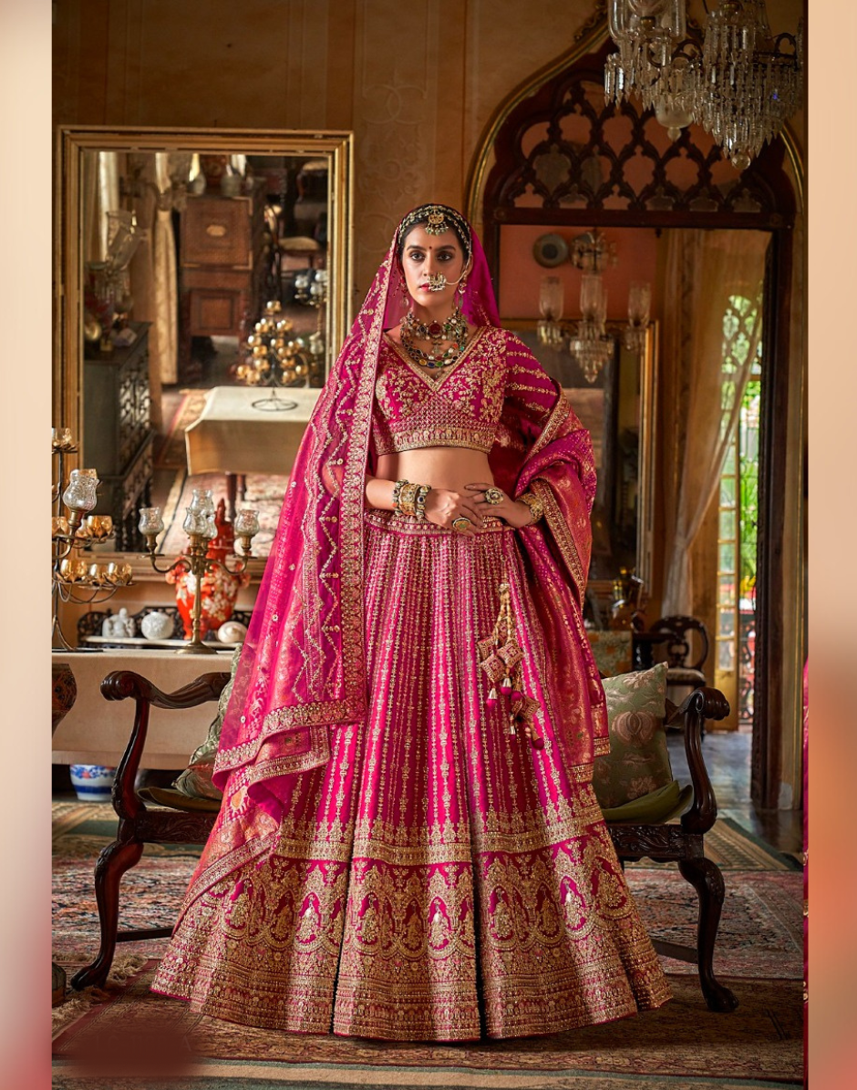 Regal Rani Silk Lehenga with Zari, Sequin, Pearl & Thread Embroidery Blouse & Dual Dupatta Set Included - Buy