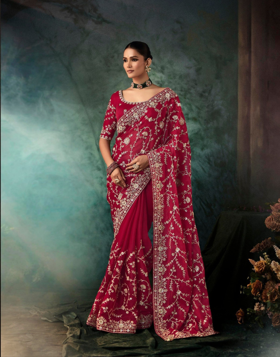 Regal Red Fancy Saree Handcrafted Aari Work with Blouse for Special Occasions - Buy