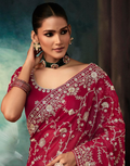 Regal Red Fancy Saree Handcrafted Aari Work with Blouse for Special Occasions - Buy_1