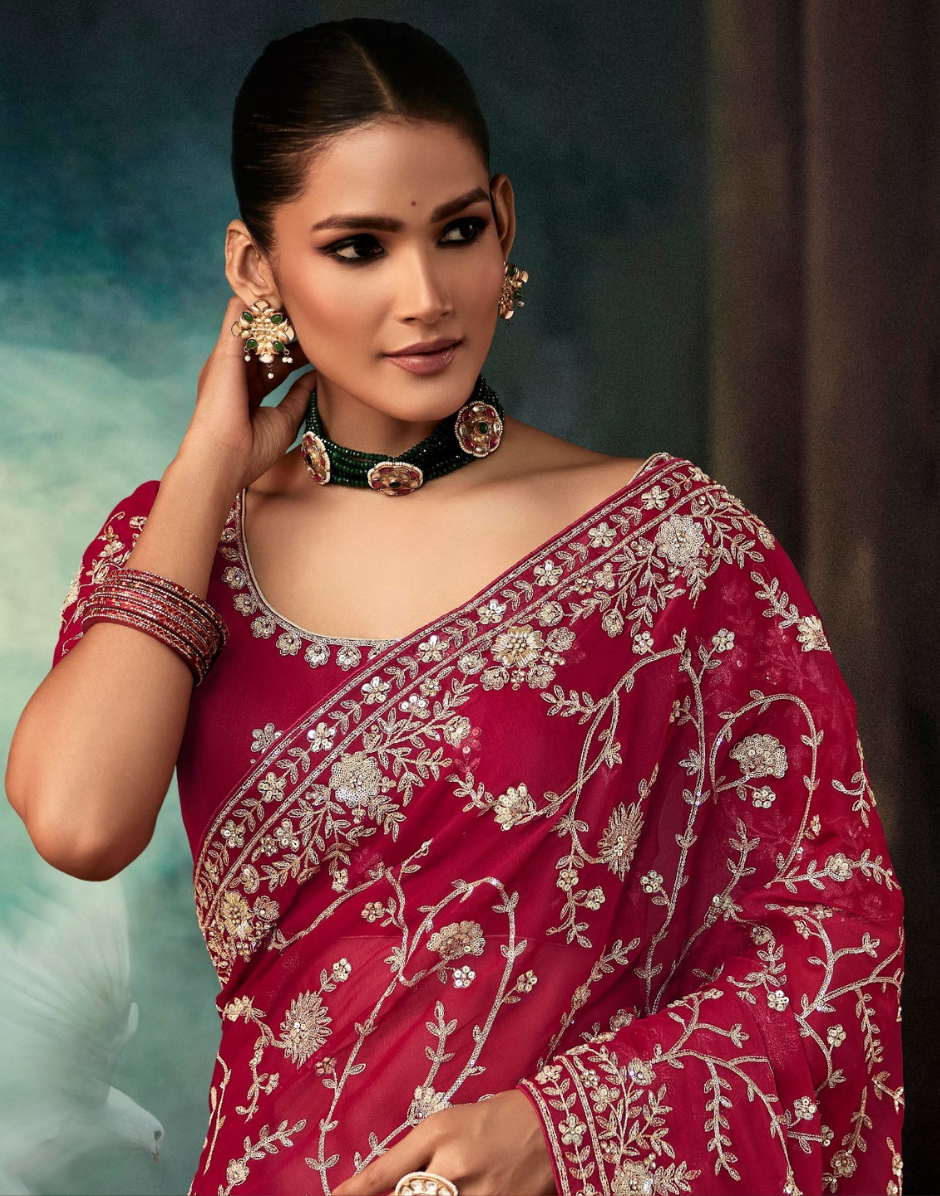 Regal Red Fancy Saree Handcrafted Aari Work with Blouse for Special Occasions - Buy_1