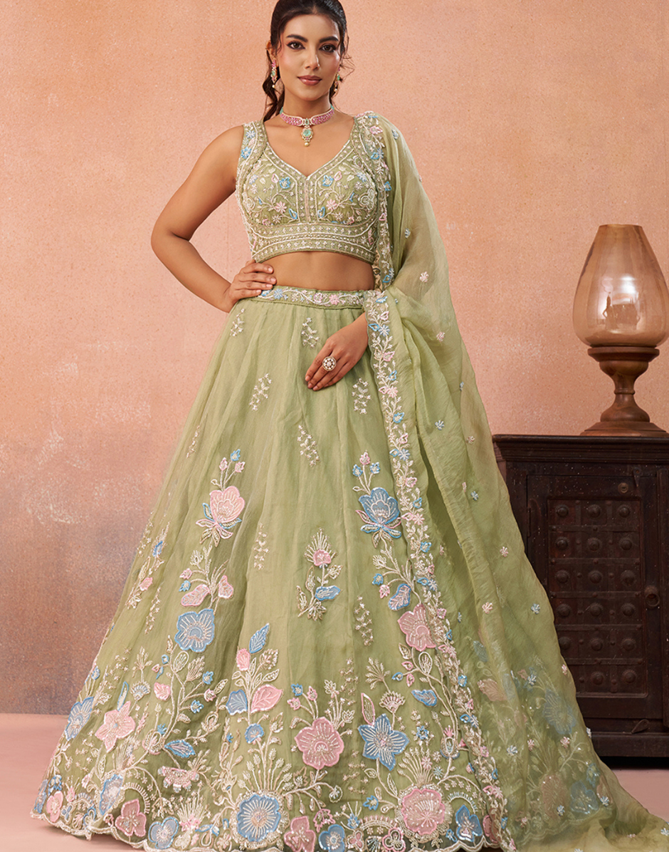 Regal Tissue Floral Embroidered Lehenga Choli with Beads, Sequins & Designer Dupatta