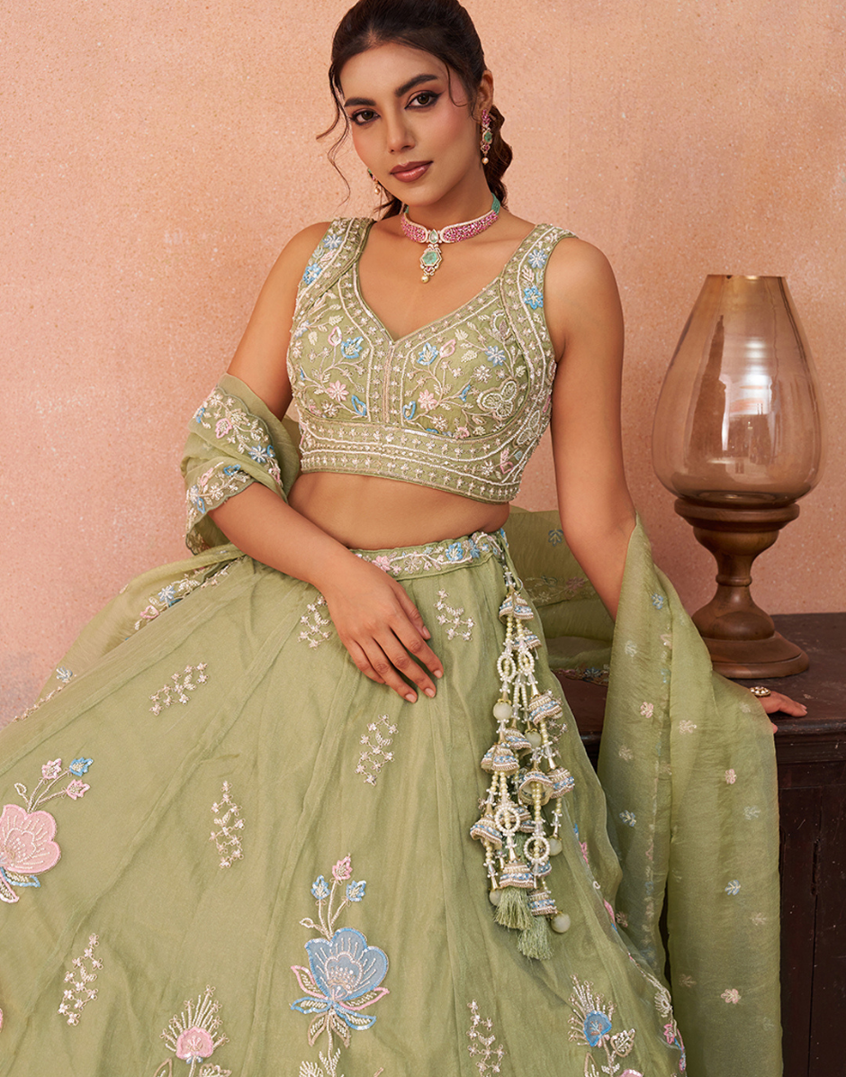 Regal Tissue Floral Embroidered Lehenga Choli with Beads, Sequins & Designer Dupatta