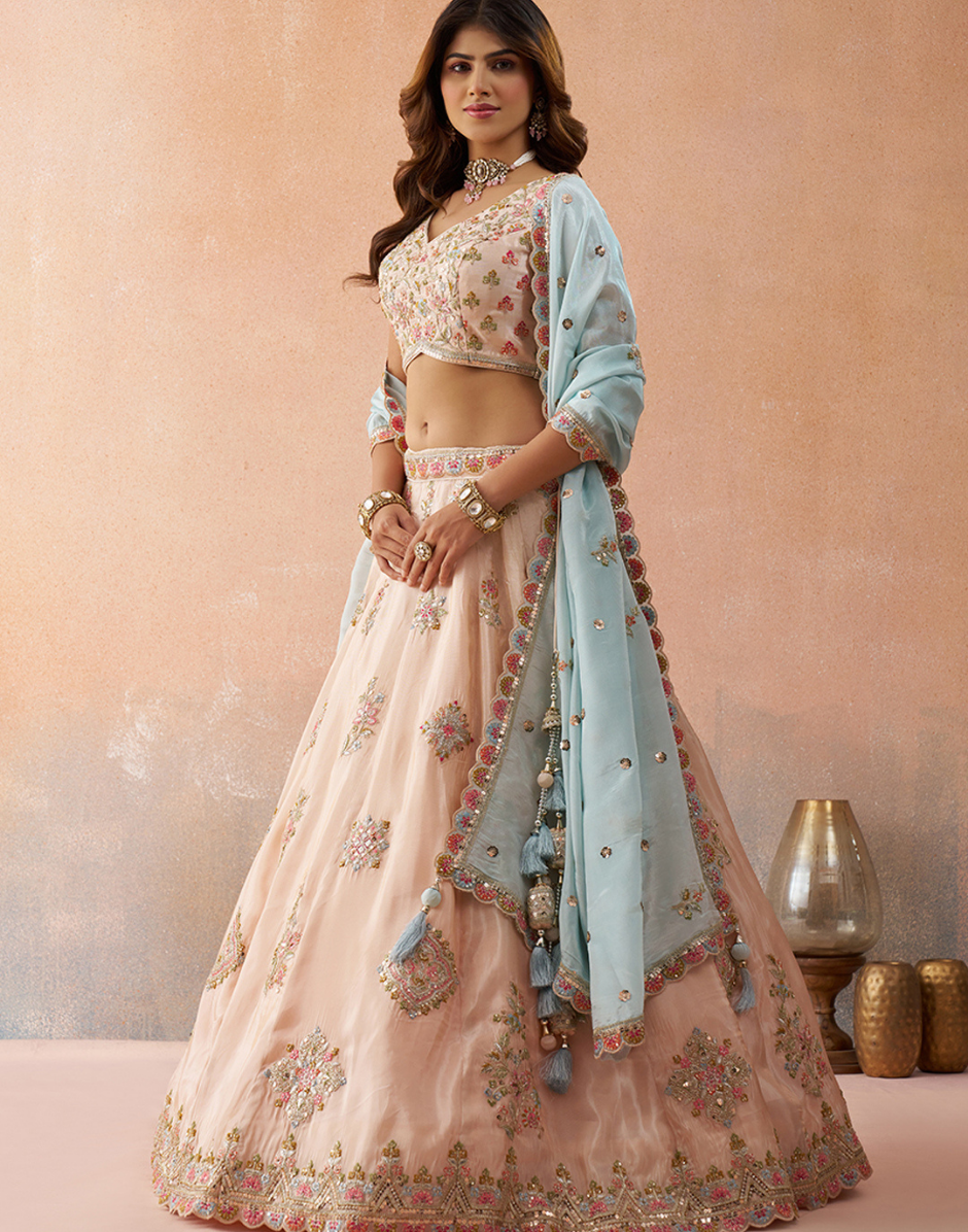Regal Tissue Sequinned Zari Embroidered Lehenga with Blouse & Designer Dupatta_5