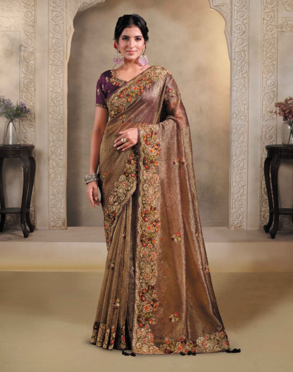 Rich Brown Pure Banarasi Crush Silk Saree with Designer Sequin & Khatli Work Satin Viscose Blouse - Buy