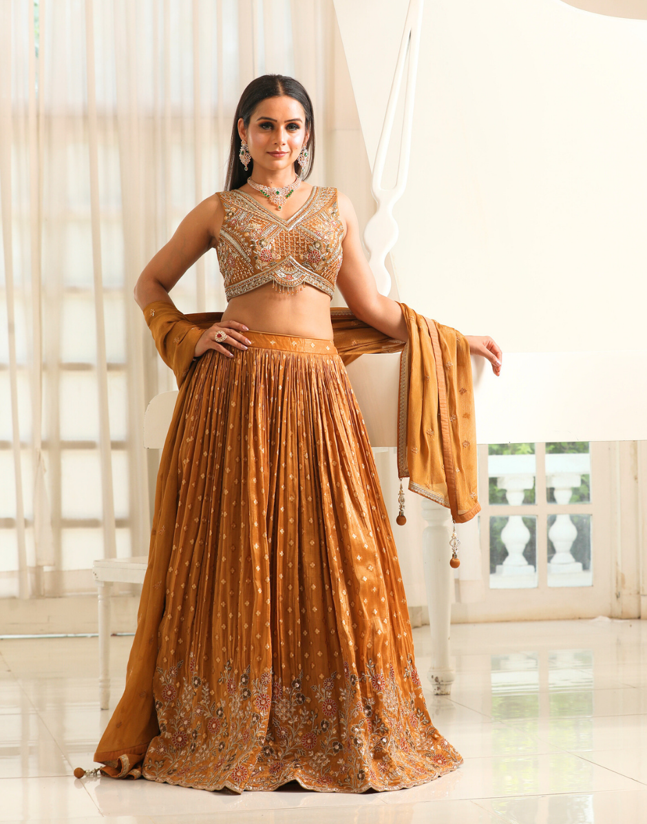 Rich Brown Sequin Embroidered Lehenga Set Blouse & Dupatta Included_2
