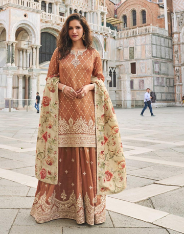 Rich Brown Silk Sharara Set Front & Back Embroidered Top with Digital Embroidered Dupatta - Buy